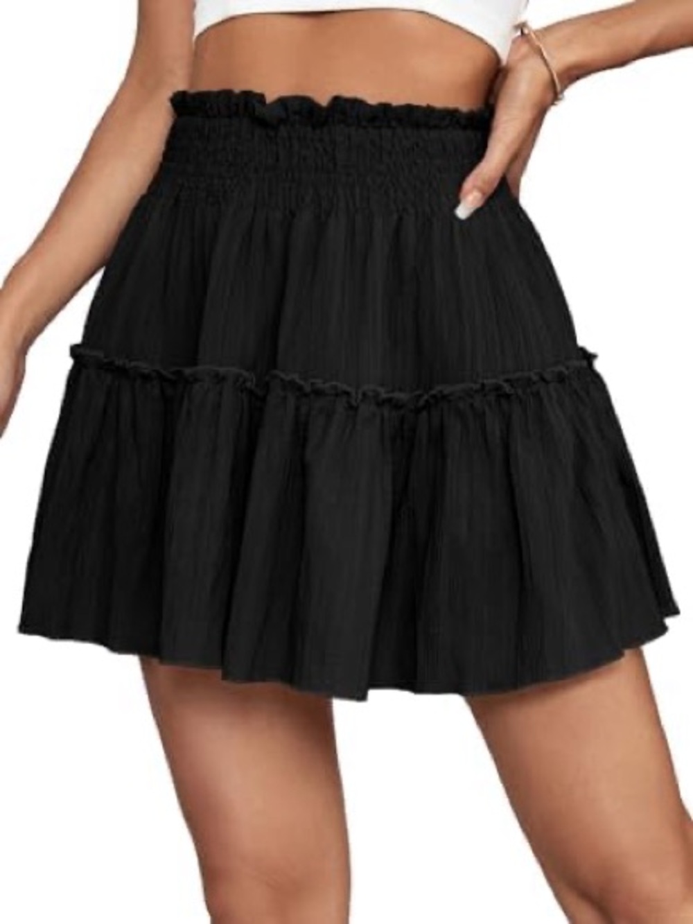 CF SIZE S~SUMMER TWIRL BLACK SMOCKED TIERED MINI SKIRT